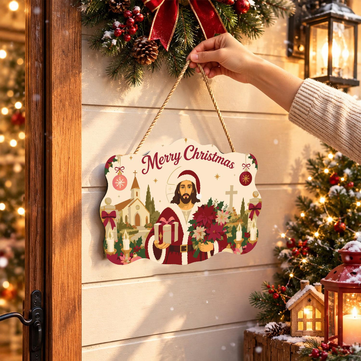Poinsettia Jesus in Santa Coat paint by numbers hanging sign – image 14