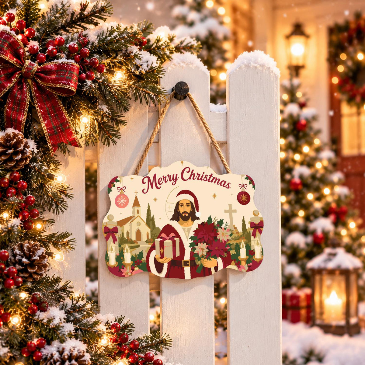 Poinsettia Jesus in Santa Coat paint by numbers hanging sign – image 15