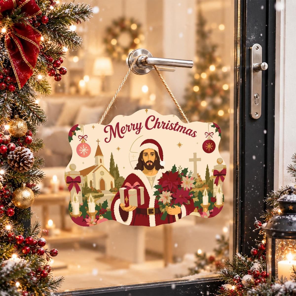 Poinsettia Jesus in Santa Coat paint by numbers hanging sign – image 17
