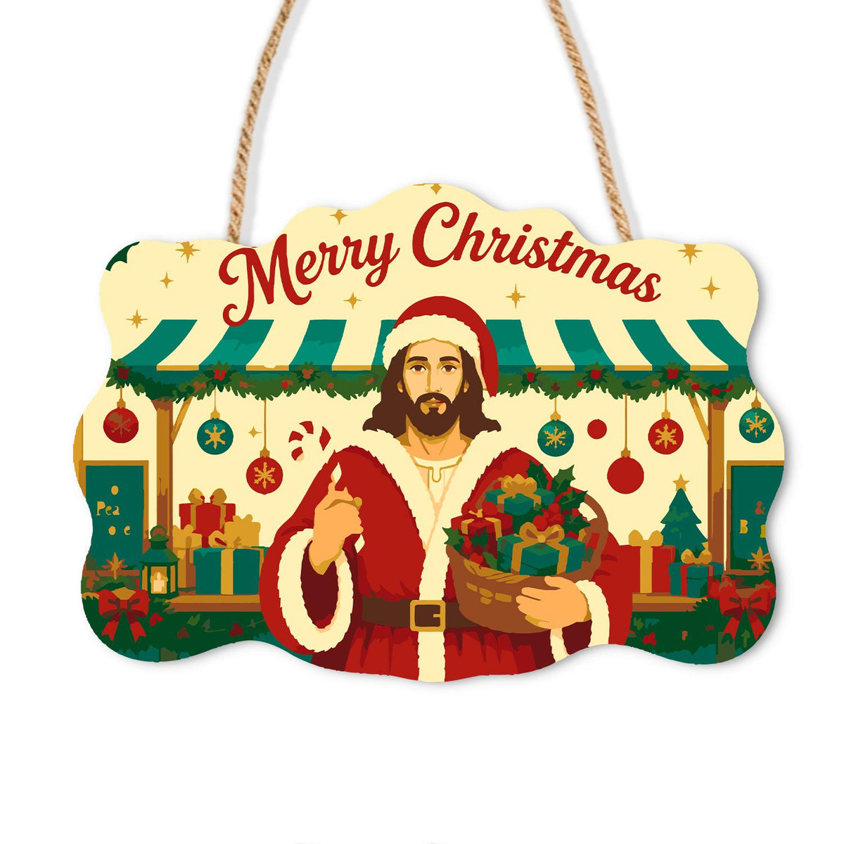 Market Stall Jesus in Santa Coat paint by numbers hanging sign – Jesus in a Santa hat and red coat holding a basket of gifts at a Christmas market stall with a striped awning, on a wooden sign with a rope hanger