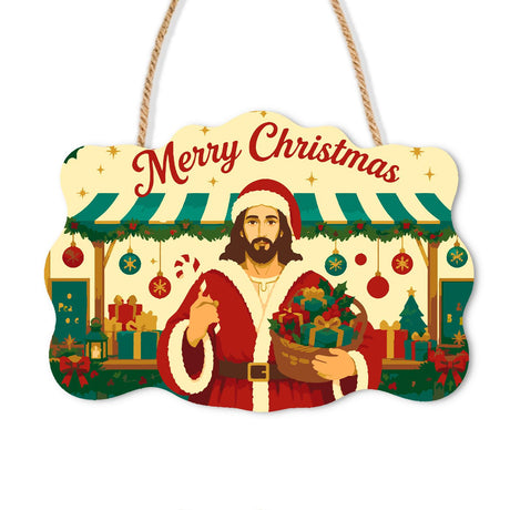 Market Stall Jesus in Santa Coat paint by numbers hanging sign – Jesus in a Santa hat and red coat holding a basket of gifts at a Christmas market stall with a striped awning, on a wooden sign with a rope hanger