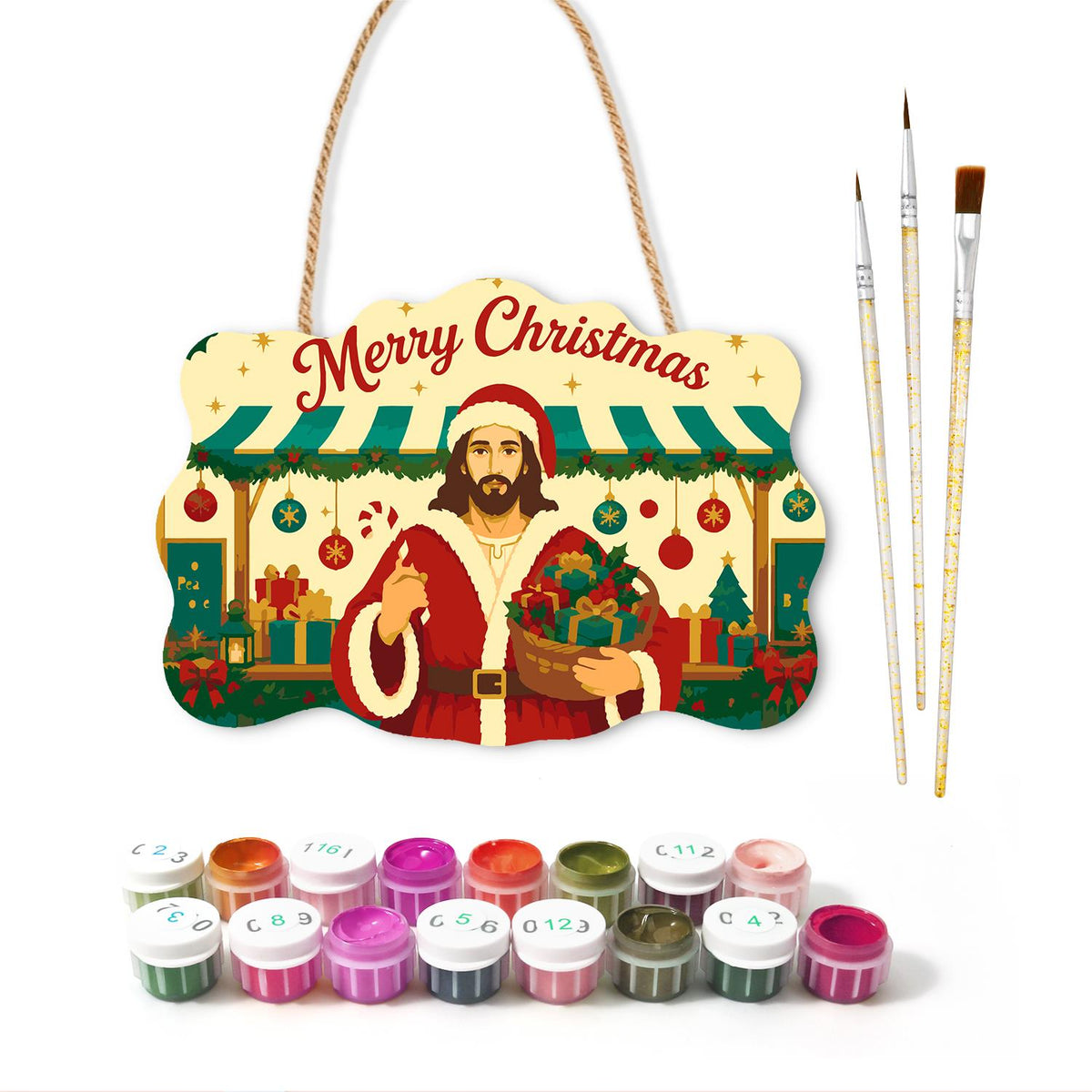 Market Stall Jesus in Santa Coat paint by numbers hanging sign – image 2
