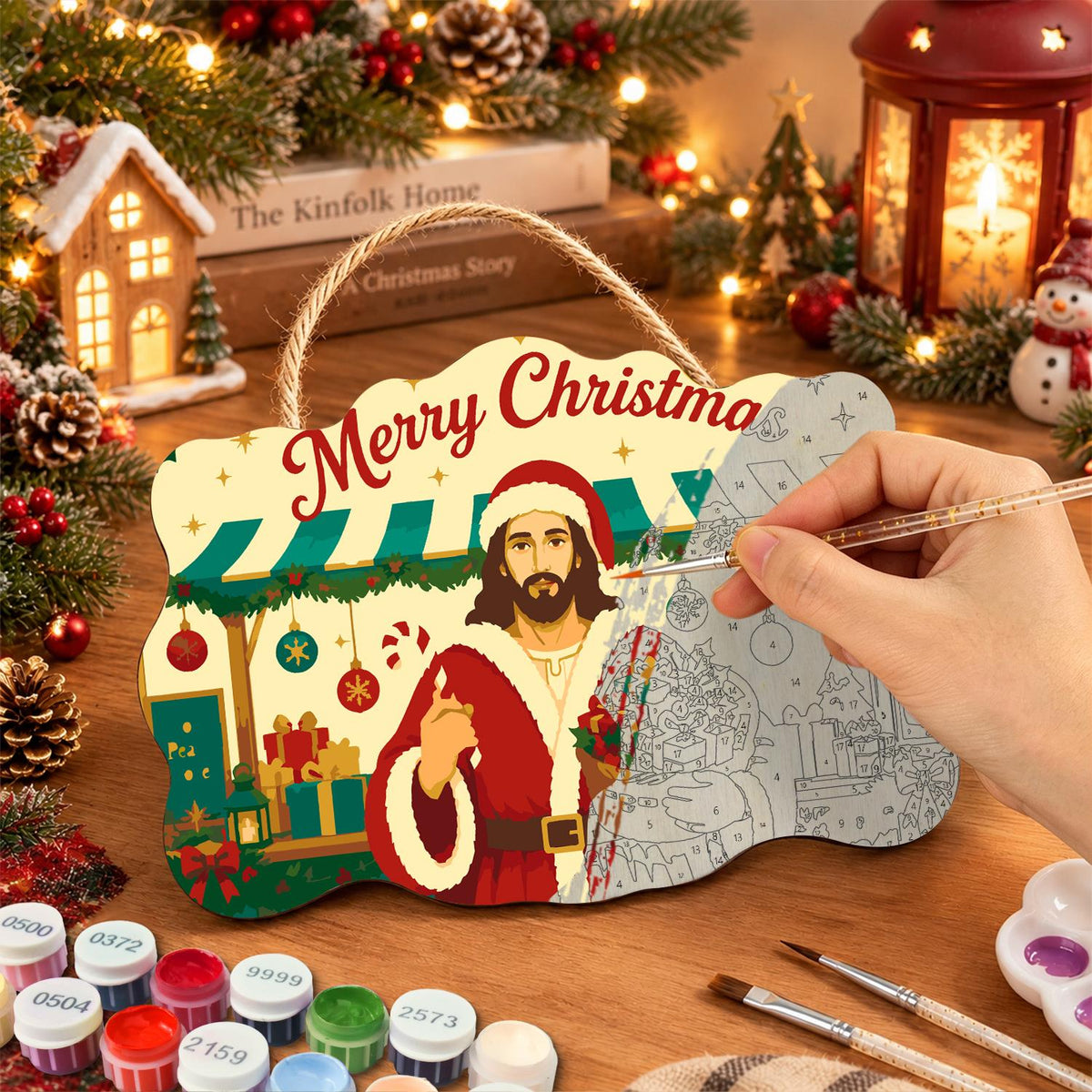 Market Stall Jesus in Santa Coat paint by numbers hanging sign – image 7