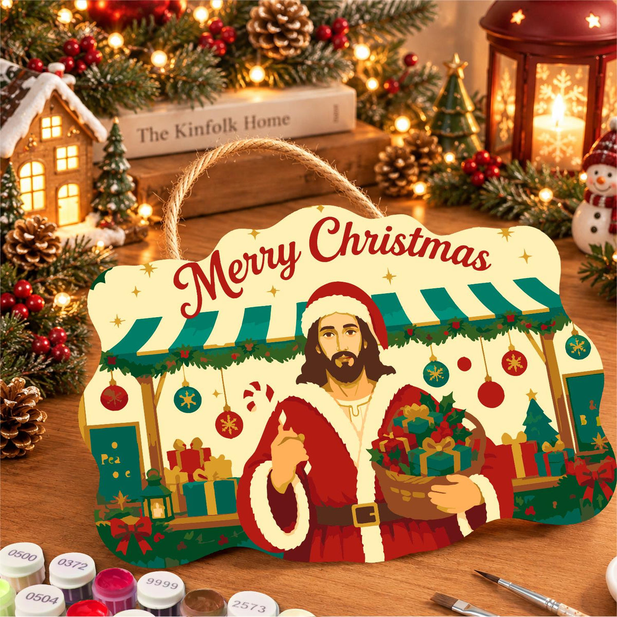 Market Stall Jesus in Santa Coat paint by numbers hanging sign – image 8
