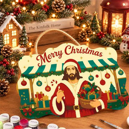 Market Stall Jesus in Santa Coat paint by numbers hanging sign – image 8