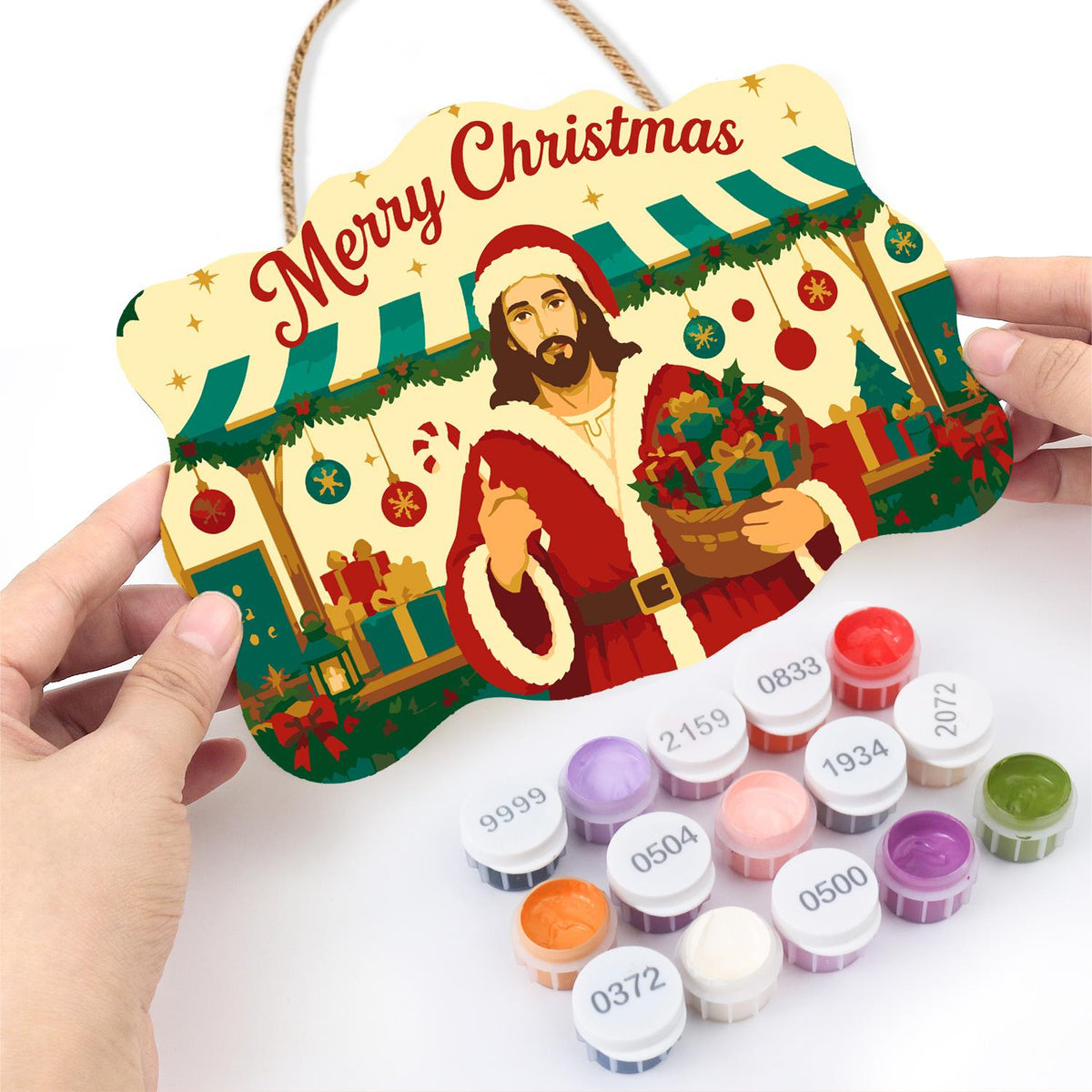 Market Stall Jesus in Santa Coat paint by numbers hanging sign – image 9