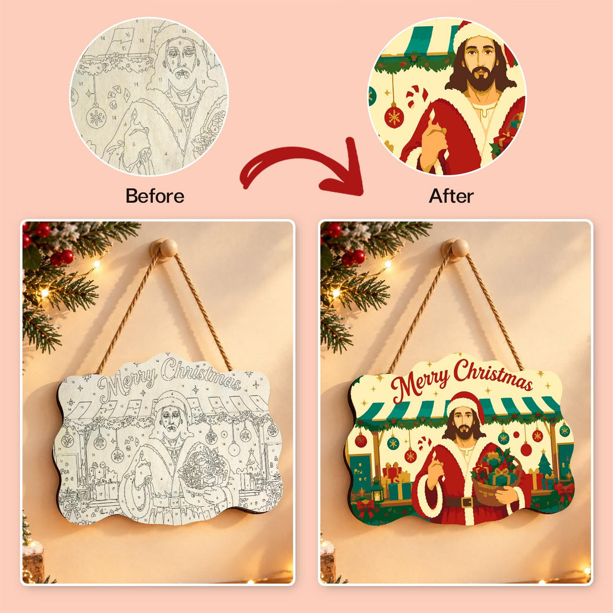 Market Stall Jesus in Santa Coat paint by numbers hanging sign – image 10