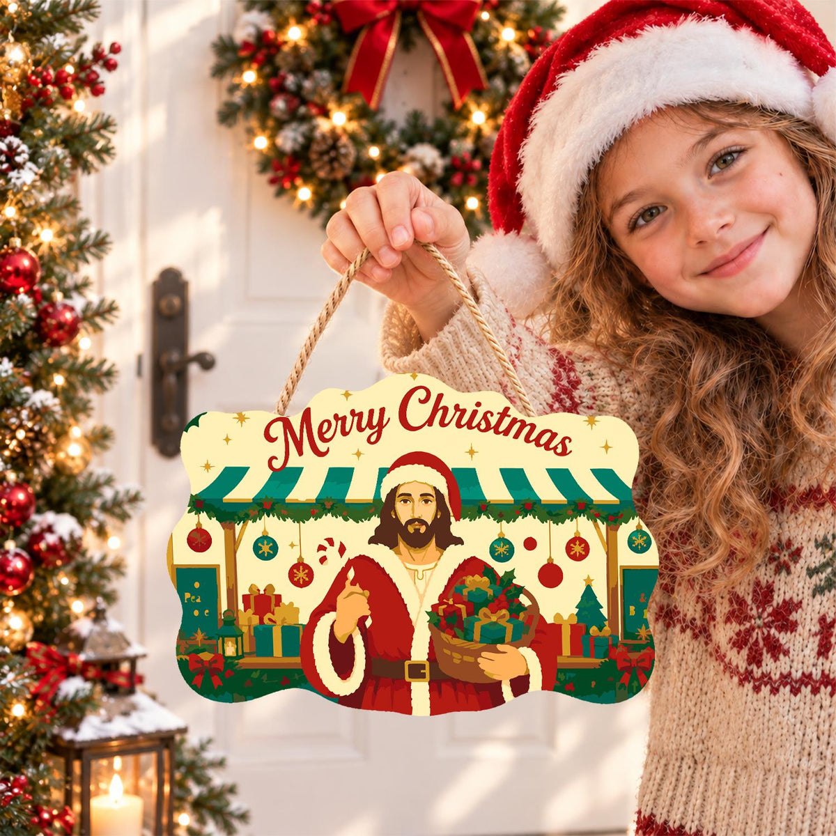 Market Stall Jesus in Santa Coat paint by numbers hanging sign – image 13