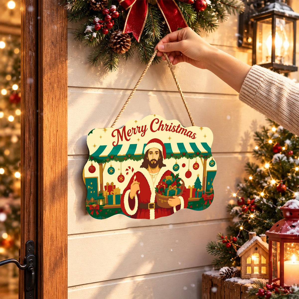 Market Stall Jesus in Santa Coat paint by numbers hanging sign – image 14