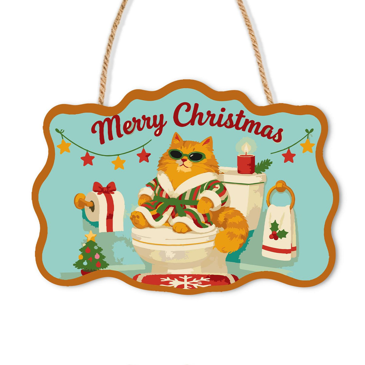Shades Cat on the Holiday Throne paint by numbers hanging sign – Ginger cat in sunglasses and a robe sitting on a toilet holding a gift, with toilet paper and a holiday towel, on a wooden sign with a rope hanger