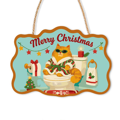 Shades Cat on the Holiday Throne paint by numbers hanging sign – Ginger cat in sunglasses and a robe sitting on a toilet holding a gift, with toilet paper and a holiday towel, on a wooden sign with a rope hanger