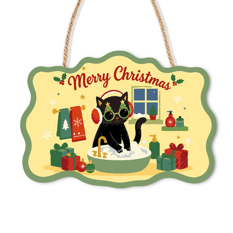 Black Cat's Bubble Soak paint by numbers hanging sign – Black cat in red earmuffs and round glasses in a bubble bath beside gifts, a towel and a window, on a wooden sign with a rope hanger