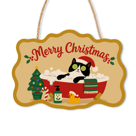 Cucumber Eye Cat Bubble Soak paint by numbers hanging sign – Black and white cat in a Santa hat with cucumber slices on its eyes soaking in a red clawfoot tub with a duck, on a wooden sign with a rope hanger