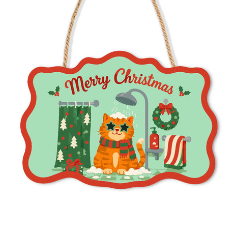 Star Shades Cat in the Shower paint by numbers hanging sign – Orange tabby in star sunglasses and a scarf in a shower with a Christmas tree curtain and a wreath, on a wooden sign with a rope hanger