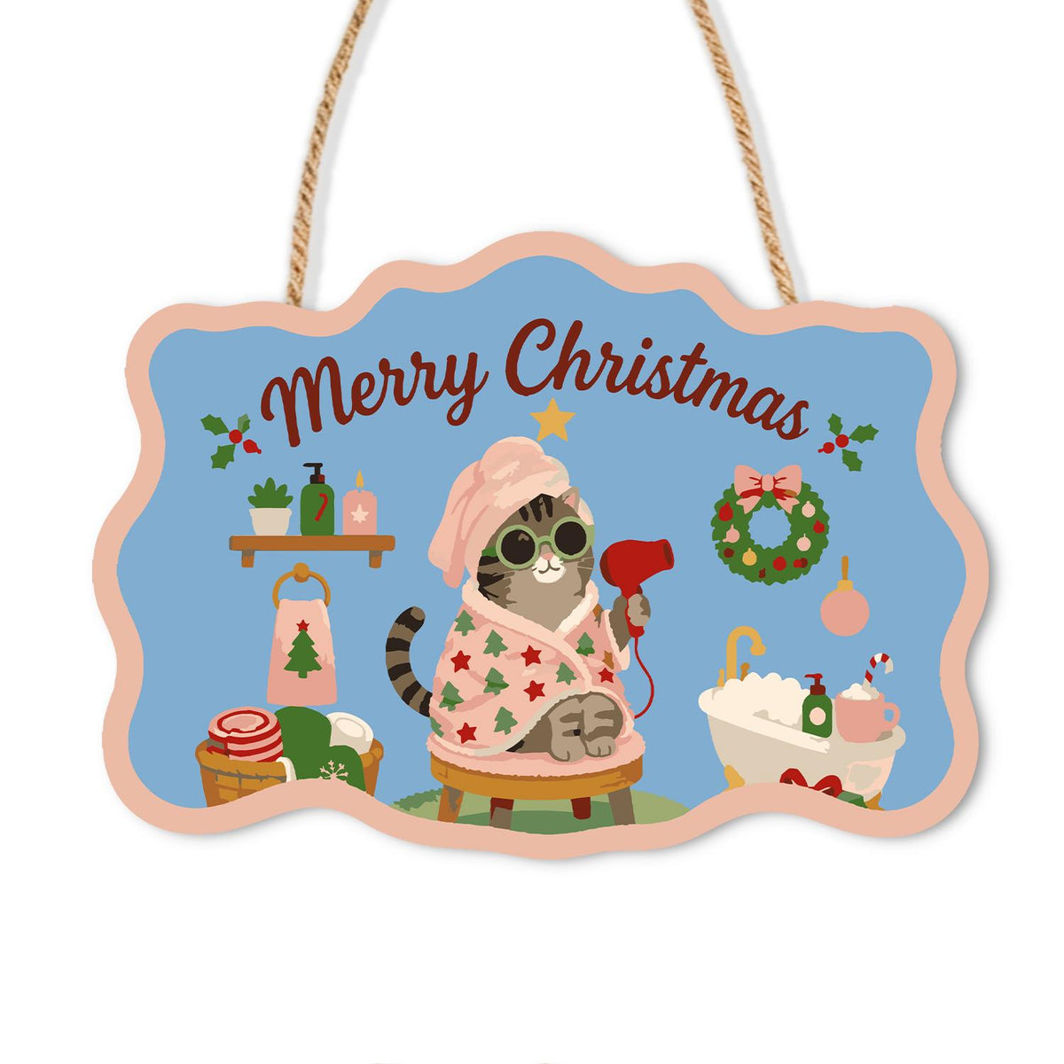 Blow-Dry Tabby in a Towel Turban paint by numbers hanging sign – Tabby cat in a towel turban, sunglasses and star robe using a hairdryer beside a bathtub and wreath, on a wooden sign with a rope hanger
