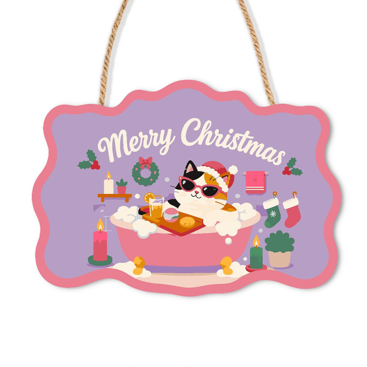 Calico Cat's Candlelit Pink Soak paint by numbers hanging sign – Calico cat in a Santa hat and sunglasses in a pink bubble bath with a bath tray, candles and stockings, on a wooden sign with a rope hanger