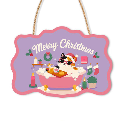 Calico Cat's Candlelit Pink Soak paint by numbers hanging sign – Calico cat in a Santa hat and sunglasses in a pink bubble bath with a bath tray, candles and stockings, on a wooden sign with a rope hanger