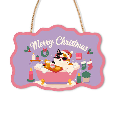 Calico Cat's Candlelit Pink Soak paint by numbers hanging sign – Calico cat in a Santa hat and sunglasses in a pink bubble bath with a bath tray, candles and stockings, on a wooden sign with a rope hanger