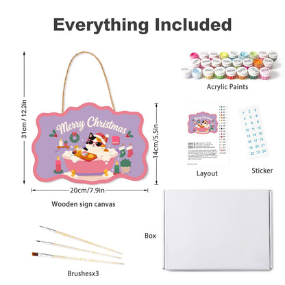 Calico Cat's Candlelit Pink Soak paint by numbers hanging sign – what's in the kit: the wooden sign, rope hanger, numbered paints and brushes