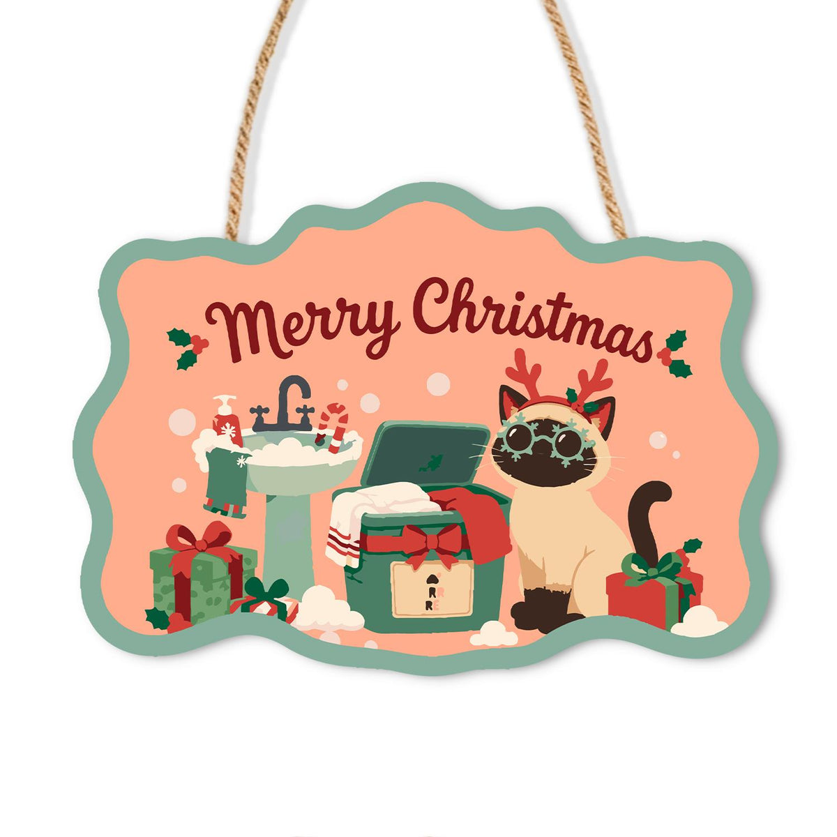 Antler Siamese in the Bathroom paint by numbers hanging sign – Siamese cat in reindeer antlers and sunglasses beside a sink, toilet and gifts in a peach bathroom, on a wooden sign with a rope hanger