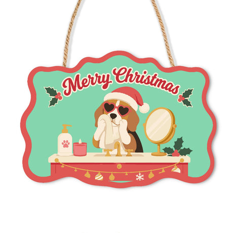 Pampered Pup at the Vanity paint by numbers hanging sign – Floppy-eared dog in a Santa hat, heart sunglasses and towel robe at a vanity with a round mirror and lotions, on a wooden sign with a rope hanger