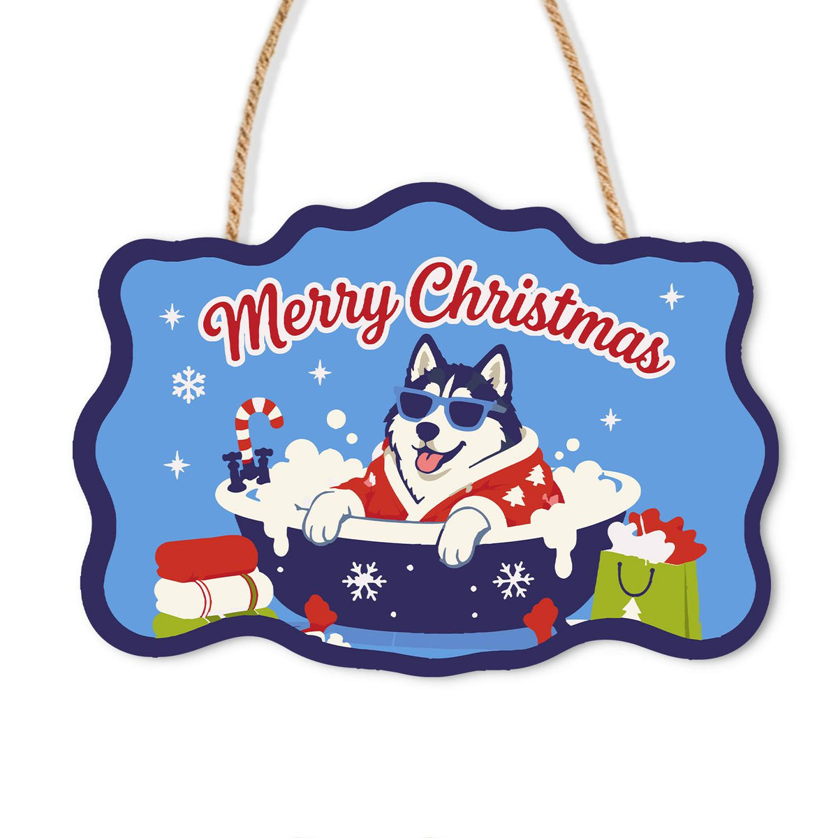 Husky's Snowflake Tub Soak paint by numbers hanging sign – Husky in sunglasses and a red robe in a snowflake bathtub full of bubbles beside a candy cane and gifts, on a wooden sign with a rope hanger