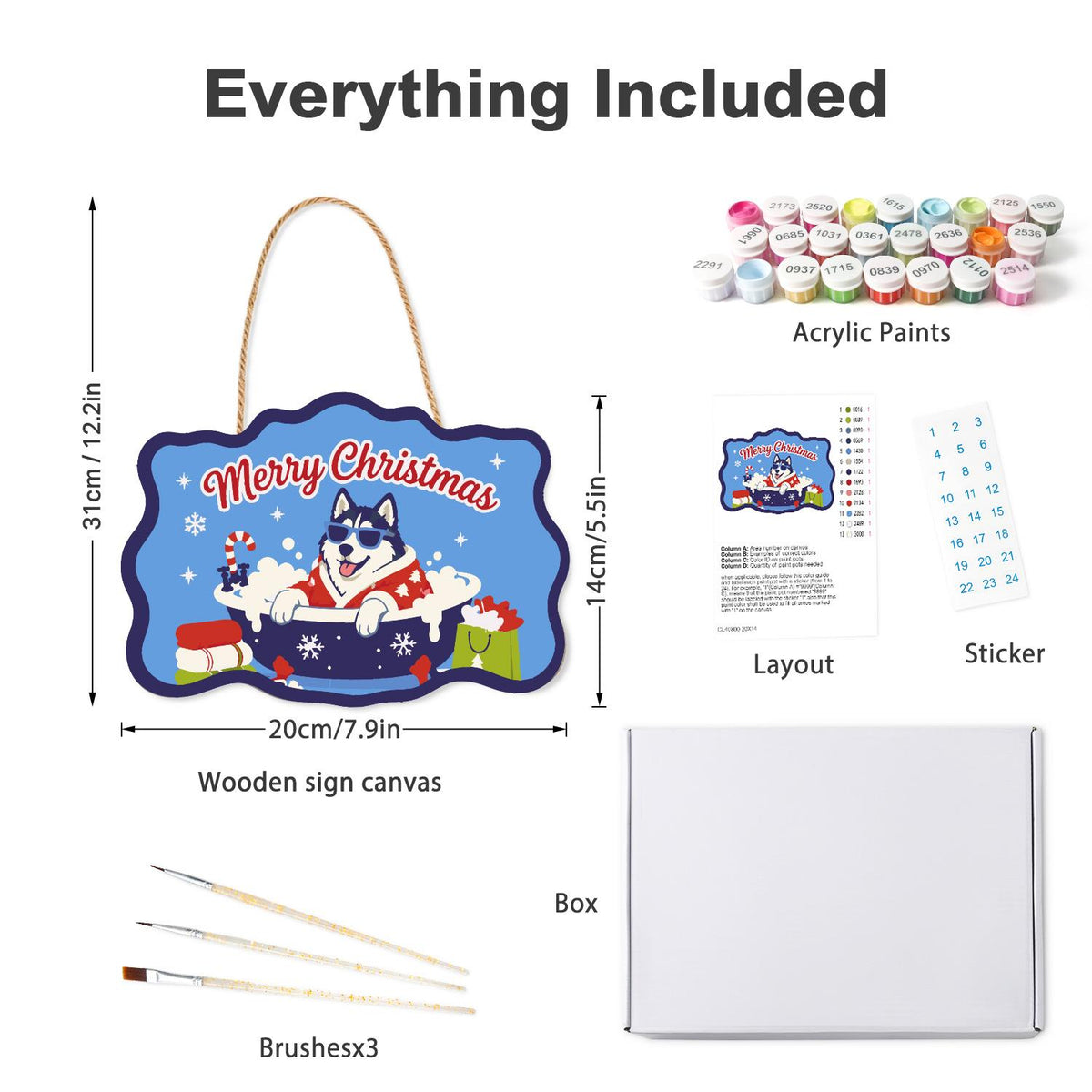 Husky's Snowflake Tub Soak paint by numbers hanging sign – what's in the kit: the wooden sign, rope hanger, numbered paints and brushes