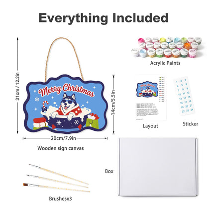 Husky's Snowflake Tub Soak paint by numbers hanging sign – what's in the kit: the wooden sign, rope hanger, numbered paints and brushes