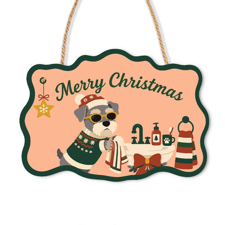Schnauzer's Holiday Bath Time paint by numbers hanging sign – Schnauzer in a Santa hat, sunglasses and green sweater holding a towel beside bath bottles in a peach bathroom, on a wooden sign with a rope hanger