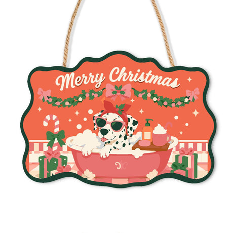 Bow-Topped Dalmatian Spa Day paint by numbers hanging sign – Dalmatian with a red bow and sunglasses in a pink bubble bath under a holiday garland with a candy cane, on a wooden sign with a rope hanger