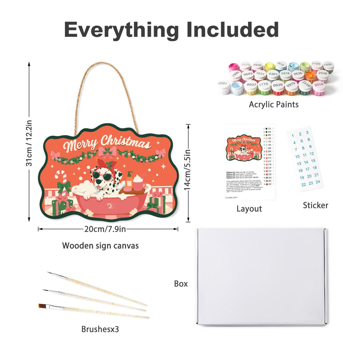 Bow-Topped Dalmatian Spa Day paint by numbers hanging sign – what's in the kit: the wooden sign, rope hanger, numbered paints and brushes