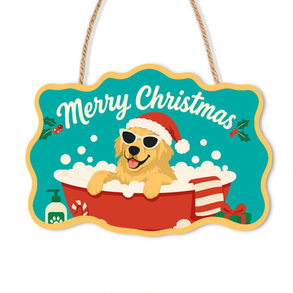 Golden Retriever's Red Tub Bath paint by numbers hanging sign – Golden retriever in a Santa hat and sunglasses in a red bathtub of bubbles on a teal background, on a wooden sign with a rope hanger