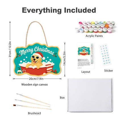 Golden Retriever's Red Tub Bath paint by numbers hanging sign – what's in the kit: the wooden sign, rope hanger, numbered paints and brushes