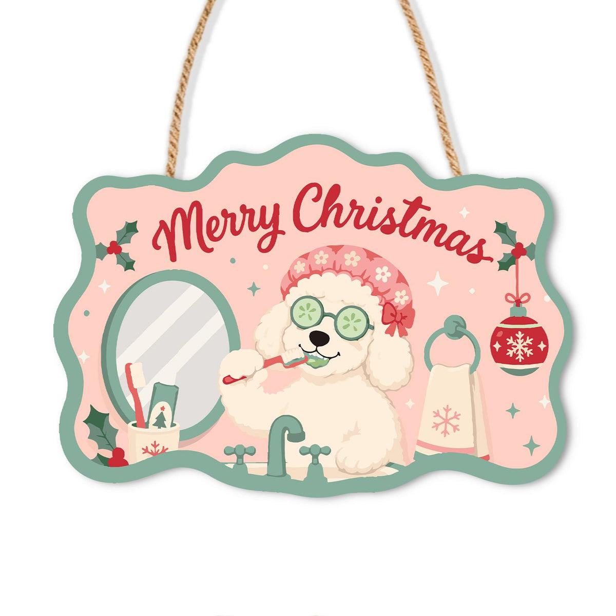 Cucumber Spa Poodle at the Mirror paint by numbers hanging sign – White poodle in a pink shower cap with cucumber eye slices brushing its teeth at a sink beside a mirror, on a wooden sign with a rope hanger