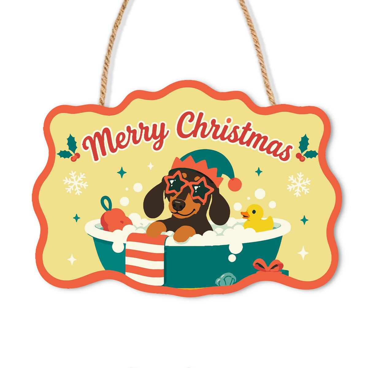 Elf Hat Dachshund with Rubber Duck paint by numbers hanging sign – Dachshund in an elf hat and sunglasses in a teal bubble bath with a rubber duck and striped towel, on a wooden sign with a rope hanger