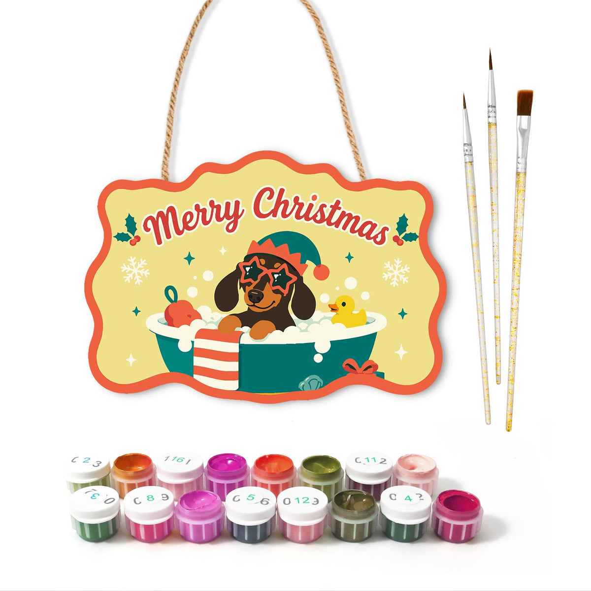 Elf Hat Dachshund with Rubber Duck paint by numbers hanging sign – image 2
