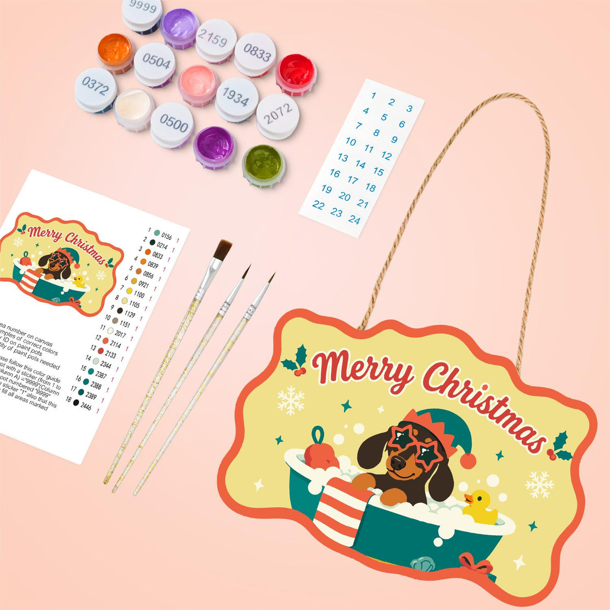 Elf Hat Dachshund with Rubber Duck paint by numbers hanging sign – image 4