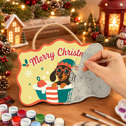 Elf Hat Dachshund with Rubber Duck paint by numbers hanging sign – image 7