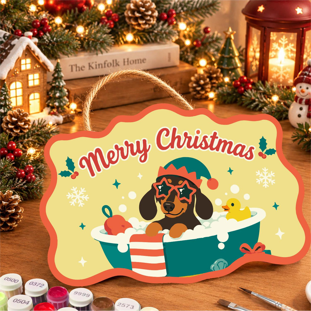 Elf Hat Dachshund with Rubber Duck paint by numbers hanging sign – image 8
