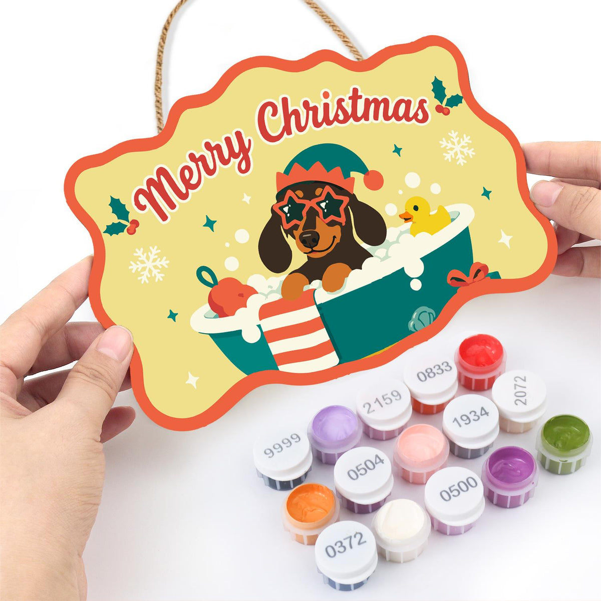 Elf Hat Dachshund with Rubber Duck paint by numbers hanging sign – image 9