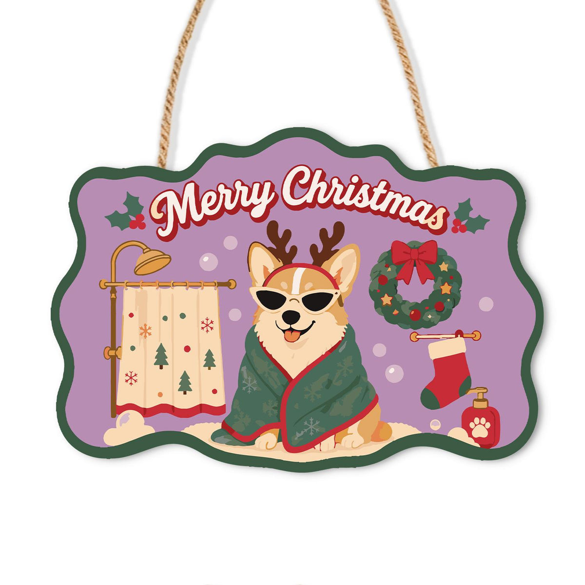 Robe-Wrapped Corgi in Antlers paint by numbers hanging sign – Corgi in antlers and sunglasses wrapped in a green robe beside a tree-print shower curtain, wreath and stocking, on a wooden sign with a rope hanger