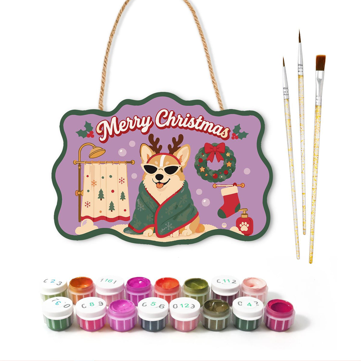 Robe-Wrapped Corgi in Antlers paint by numbers hanging sign – image 2