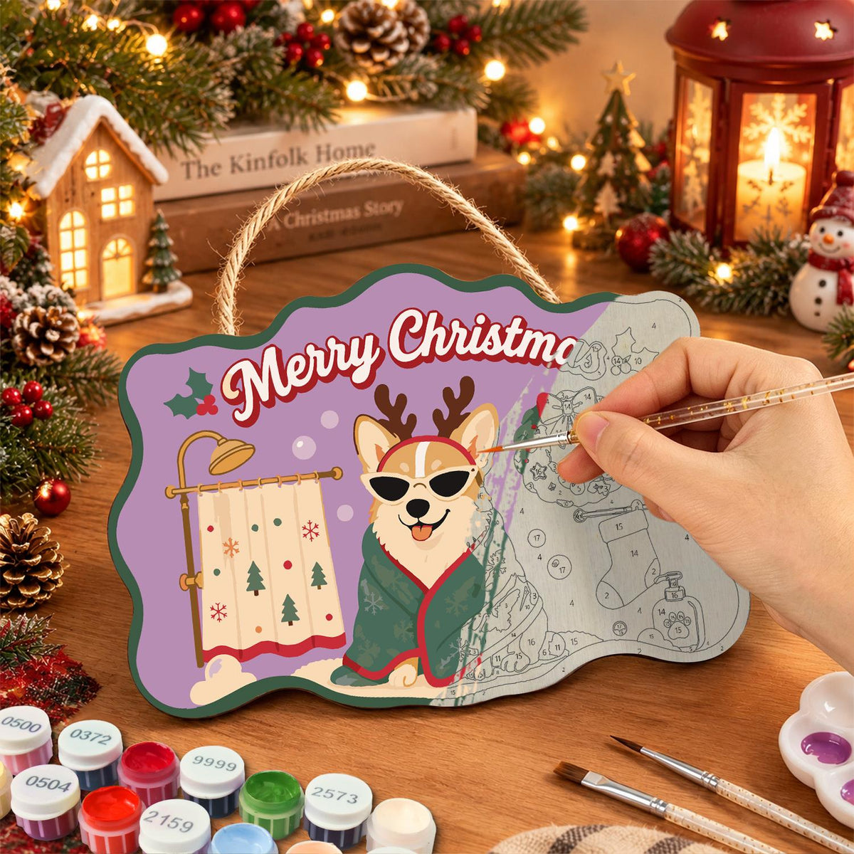 Robe-Wrapped Corgi in Antlers paint by numbers hanging sign – image 7