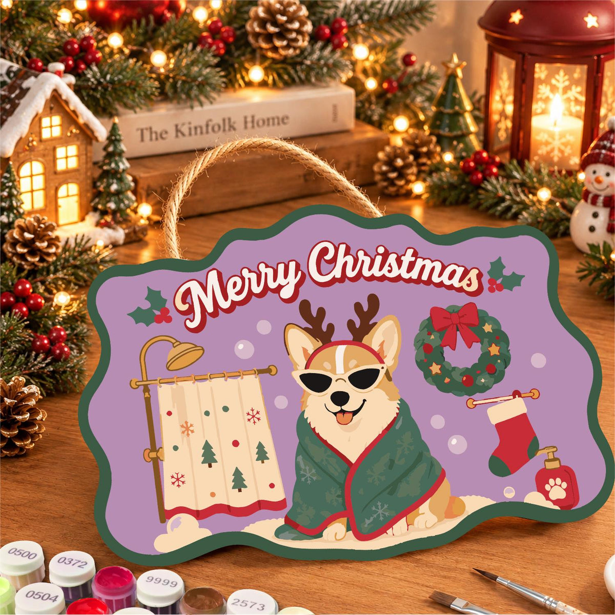 Robe-Wrapped Corgi in Antlers paint by numbers hanging sign – image 8