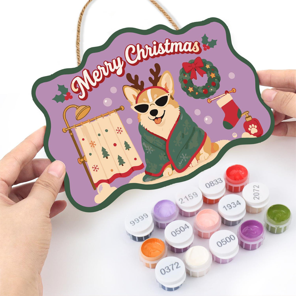 Robe-Wrapped Corgi in Antlers paint by numbers hanging sign – image 9