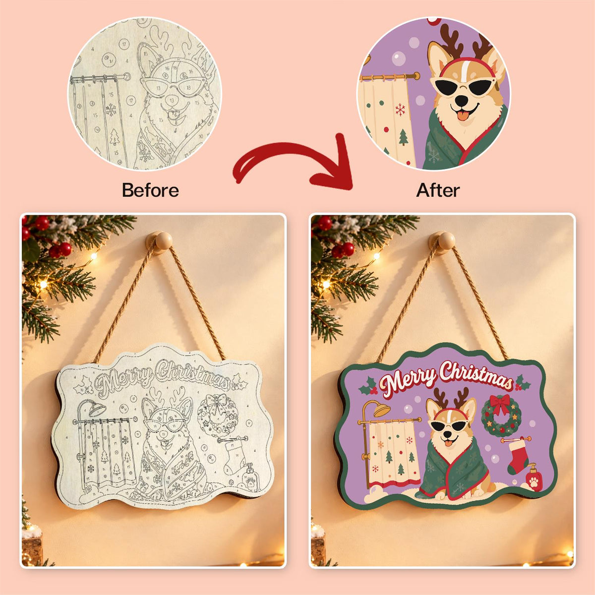 Robe-Wrapped Corgi in Antlers paint by numbers hanging sign – image 10