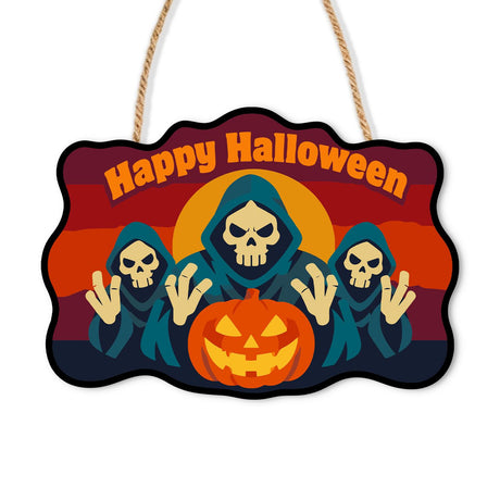 Retro Sunset Reaper Trio paint by numbers hanging sign – Three hooded reapers with raised hands behind a jack-o'-lantern on a striped sunset, lettered Happy Halloween, on a wooden sign with a rope hanger
