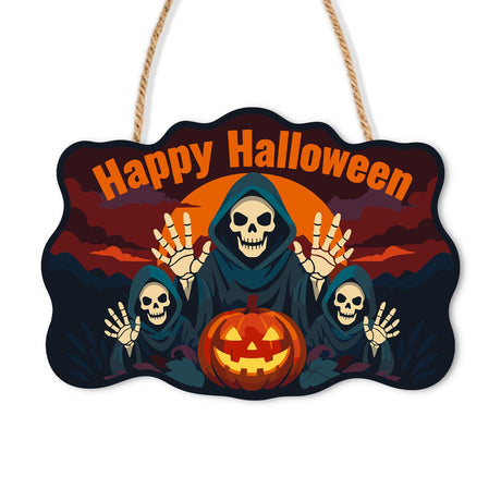 Looming Reaper and Little Reapers paint by numbers hanging sign – Large hooded reaper with bony raised hands, two small reapers and a jack-o'-lantern, lettered Happy Halloween, on a wooden sign with a rope hanger