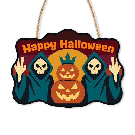 Reaper Pair and Pumpkin Stack paint by numbers hanging sign – Two hooded skeleton reapers waving beside two stacked jack-o'-lanterns on an orange sky, lettered Happy Halloween, on a wooden sign with a rope hanger