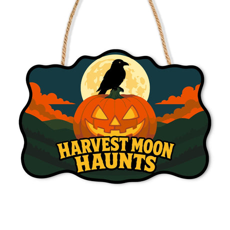 Raven on Pumpkin at Full Moon paint by numbers hanging sign – Black raven perched on a glowing jack-o'-lantern before a full moon over green hills, lettered Harvest Moon Haunts, on a wooden sign with a rope hanger